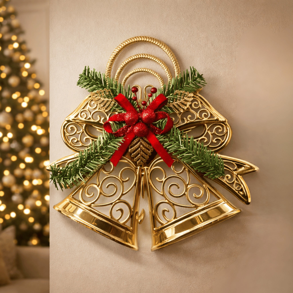 Enfeite Natalino Sino Duplo Dourado 30cm Musical – Master Christmas / Decoração Natal Papai Noel