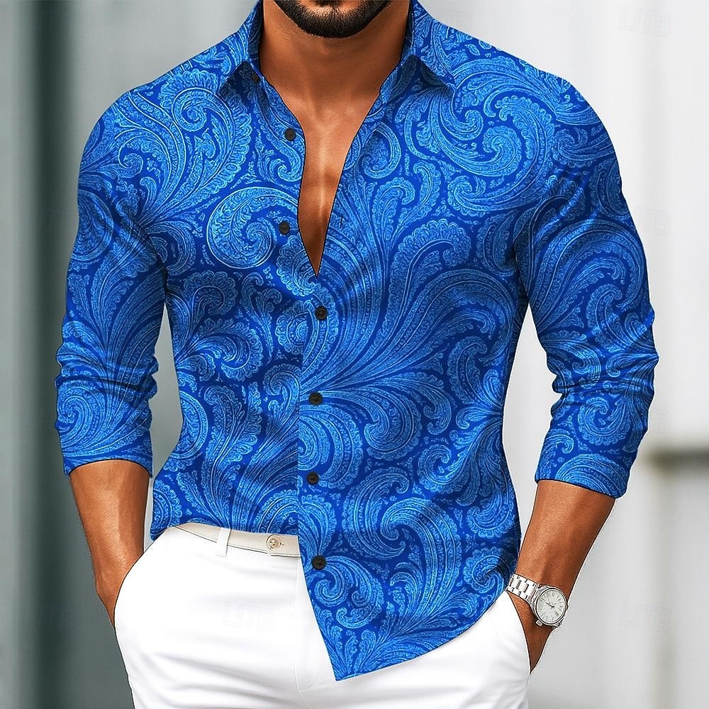 Camisa étnica masculina estampada retrô 3D camisa estampada com botão camisa Casual de manga comprida camisa de rua masc