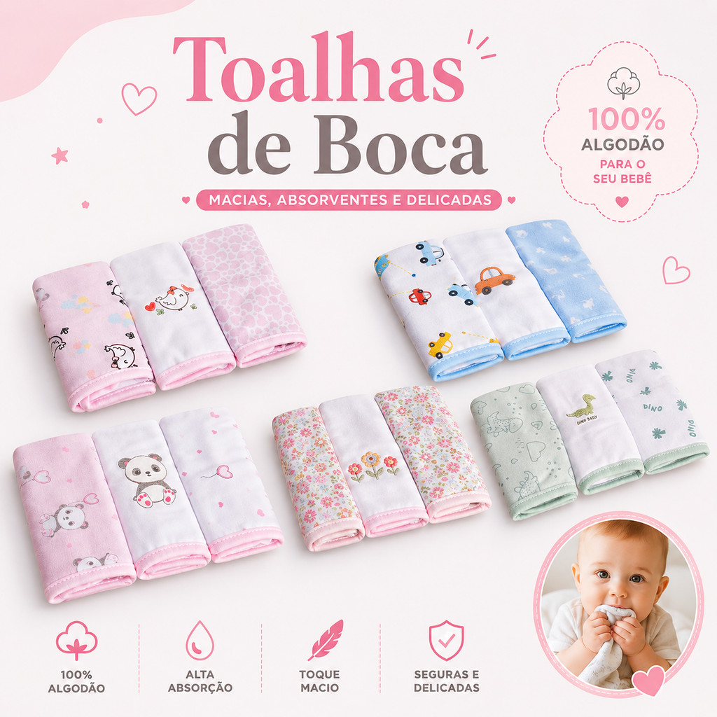 Kit 3 Toalhas de Boca Bebê Em Malha 100% Algodão Fio 30 Bublim