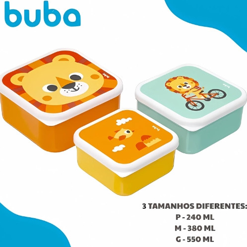 Kit 3 Potes Buba Leão Lancheira Porta Lanche Infantil Potinho Papinha Frutinhas Bebê Infantil Bebe