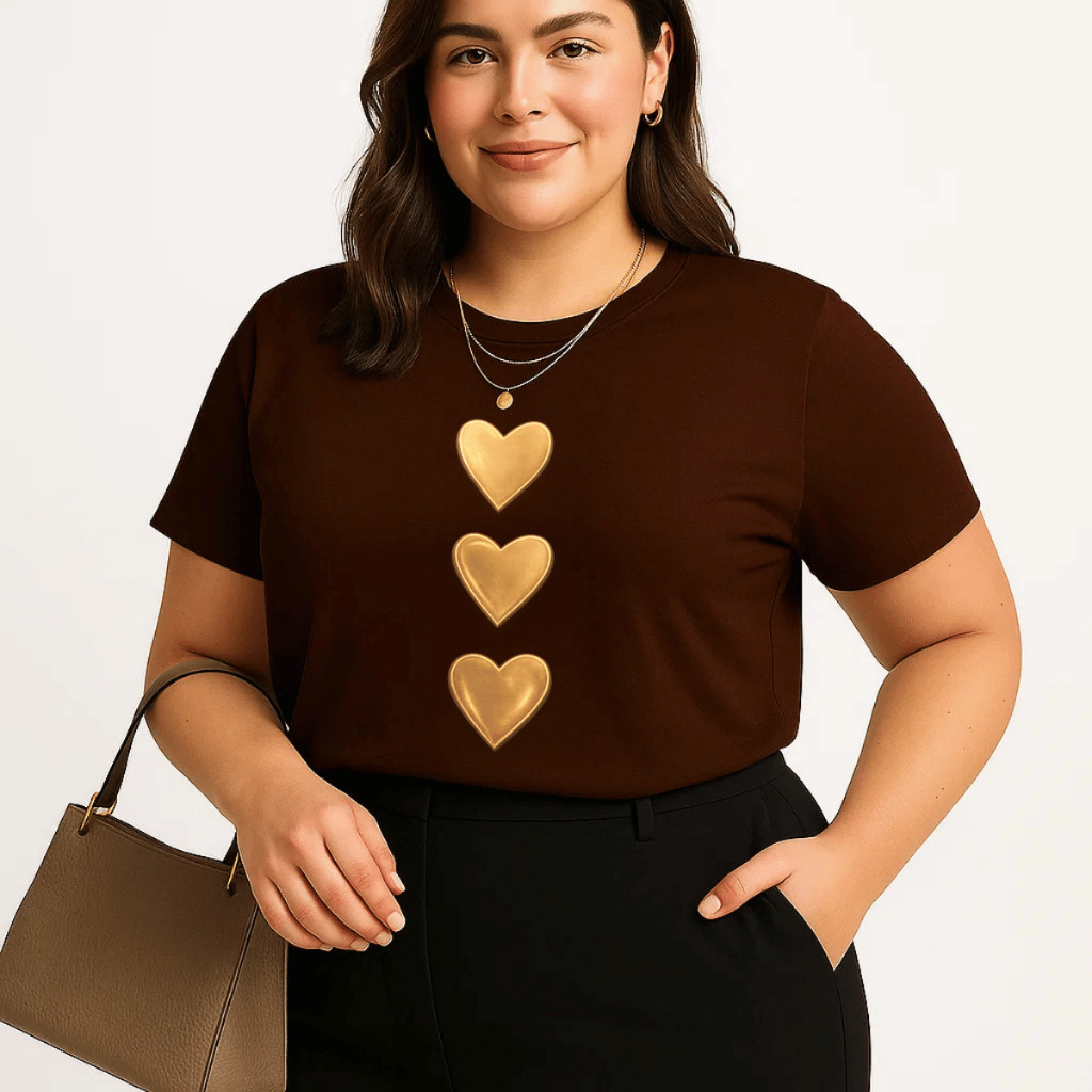 Camiseta Plus Size Feminina P Ao G3 Algodão 100% Estampada 3 Coração Dourado Básica Casual Academia estilosa