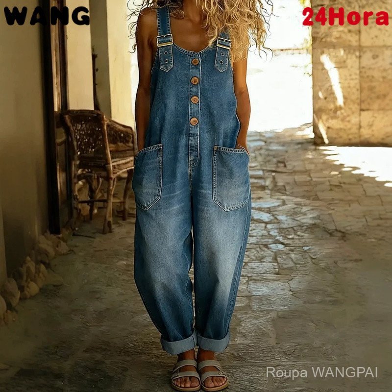 Macacão Jeans Feminino Vintage Desgastado com Ajuste Solto e Fivela Ajustável