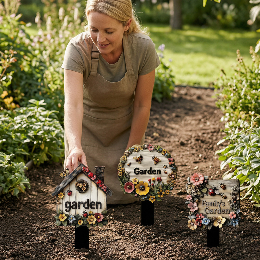 Rustic Wooden Garden Stake with Flower Butterfly Bee Ladybug Farmhouse Welcome Sign for Outdoor Yard Lawn Patio Pathway