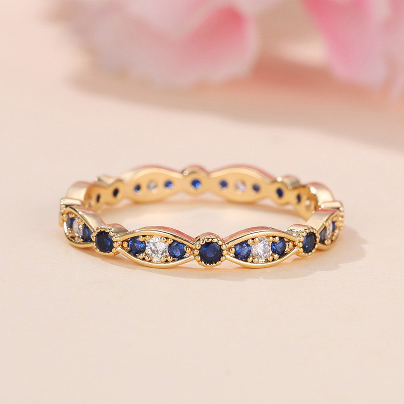 Moda simples cheio de diamante All-Match ouro safira azul diamante borda anel círculo de diamante branco