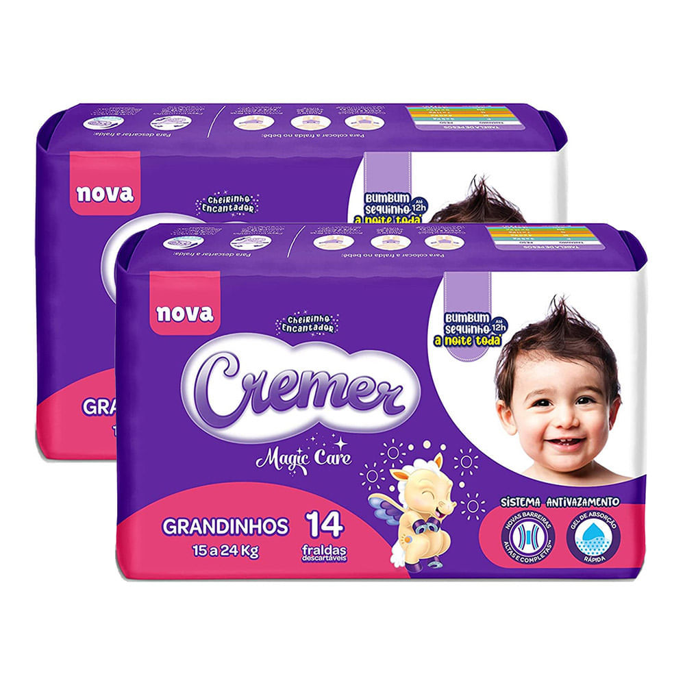 Kit 2 Fralda Cremer Magic Care Grandinhos Pacote Jumbo 14 Unidades Descartáveis