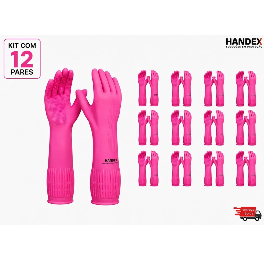 Kit 12 Pares Luva Latex Cano Longo Rosa Pink Ranhurada Handex Limpeza Jardinagem Tira Pelo Pet Epi