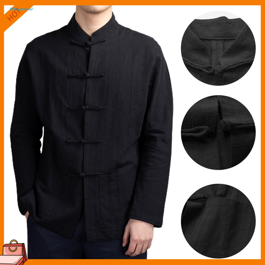 Elegant Men Shirt Lightweight Breathable Men's Autumn Chinese Style Mandarin Collar Long Sleeve Tai Chi Kung Fu Top with