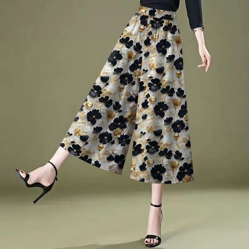Calças de perna larga de verão fino impresso Hakama mãe Culottes mais magro olhar novo estilo cintura alta solta Casual