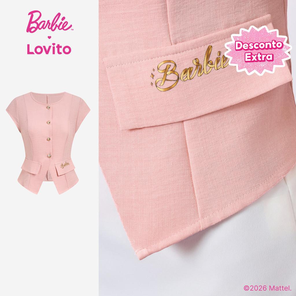 [Mid Year Sale]Barbie™ X Lovito Top Casual Botão Dividido Frente Primavera/Verão Rosa Mulheres TKBL3PAD016