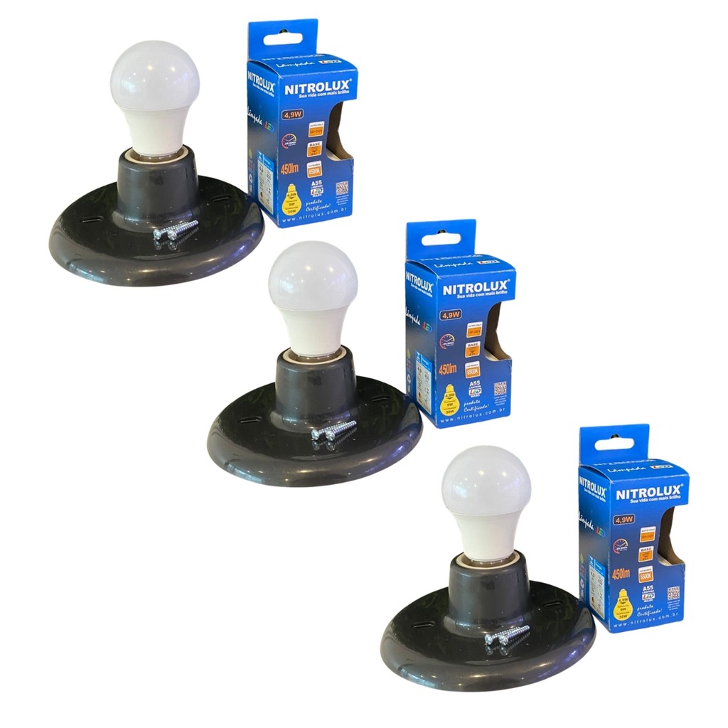 Kit 3 Plafon Para Lâmpada Preto + Lampada Bulbo 4,9w 6500k