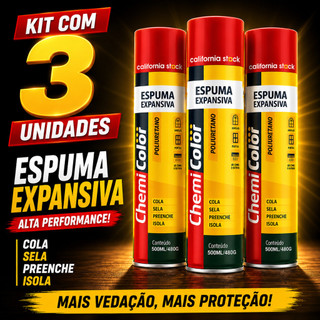 Kit Com 3 Espuma Expansiva Chemicolor 500ml PU Vedação Isolamento espuma para vedação, espuma expansiva portas e janelas