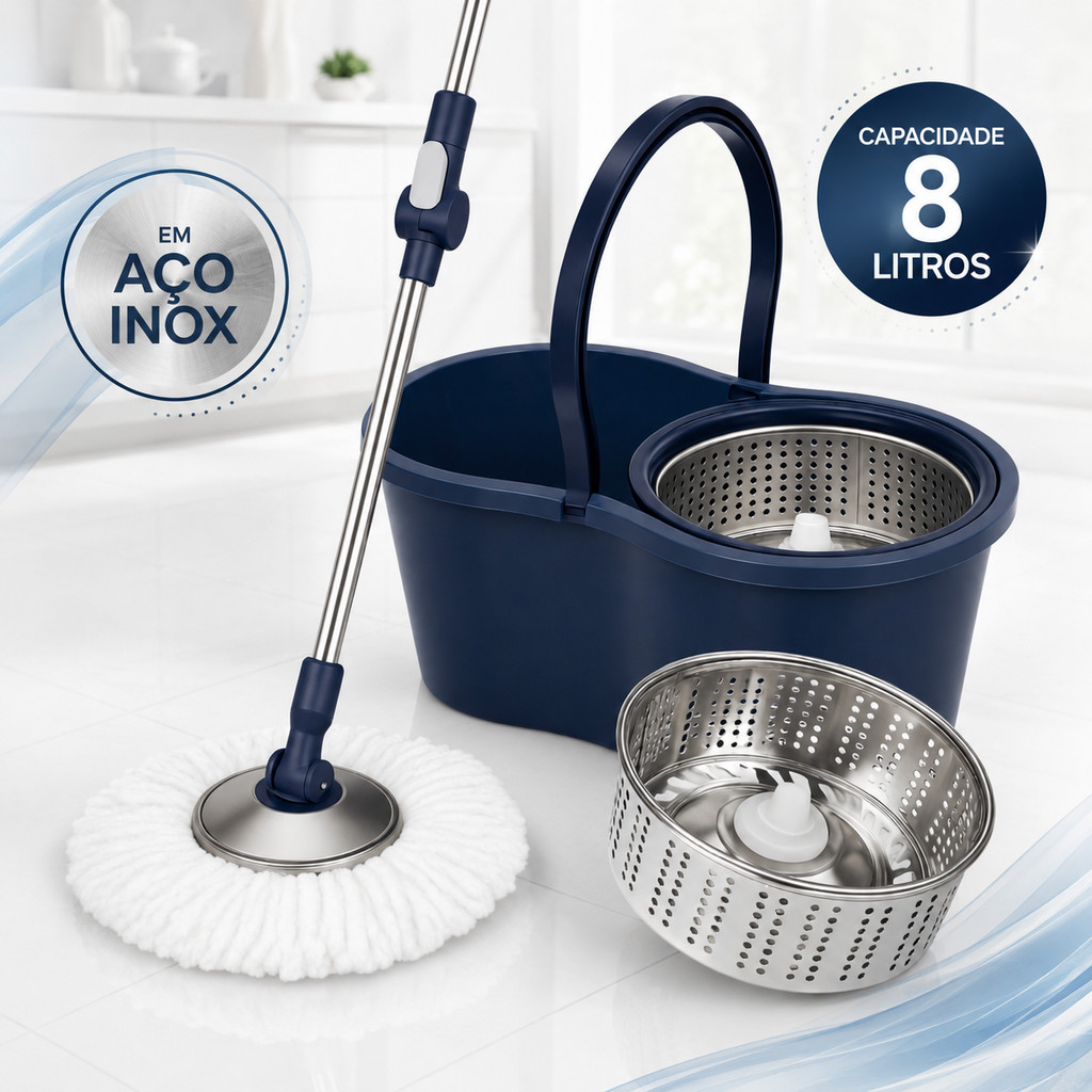 Mop Giratório Inox 8 Litros Com Balde Centrífuga Microfibra Cabo Inox