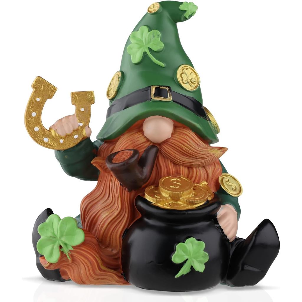 Gnomo de Resina para o Dia de São Patrício, Figura Artesanal Irlandesa com Trevo de 5" para Decoração de Primavera em Ca