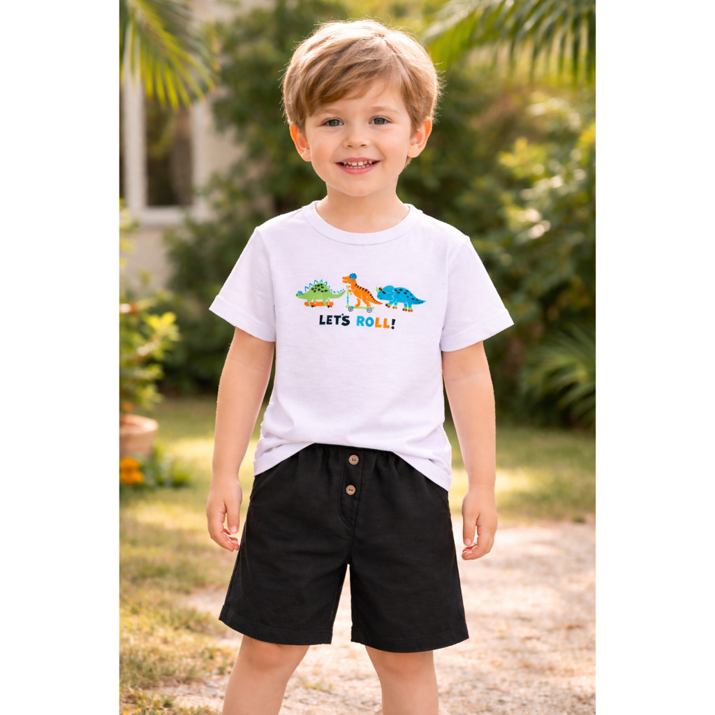 Conjunto Infantil Menino Camiseta em Malha Estampa Dinossauros e Shorts Moletinho C/Botões Zupa Zuka