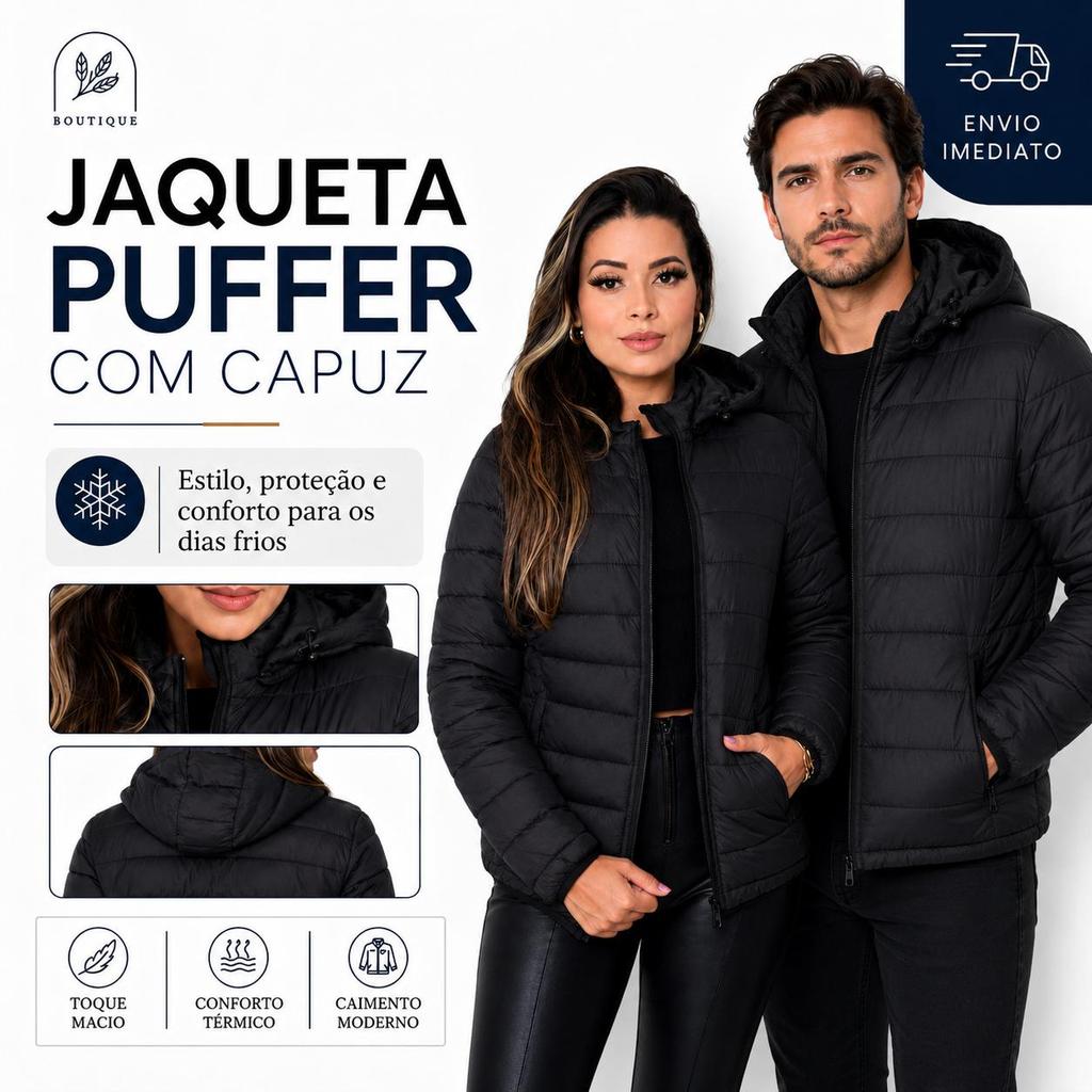 Jaqueta Puffer Unissex Capuz Removivel Bobojaco Preto