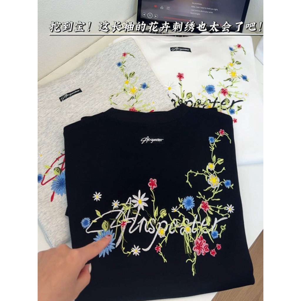 Preto puro algodão bordado flor de manga comprida camiseta masculino feminino estilo 2026 novo estilo primavera outono j