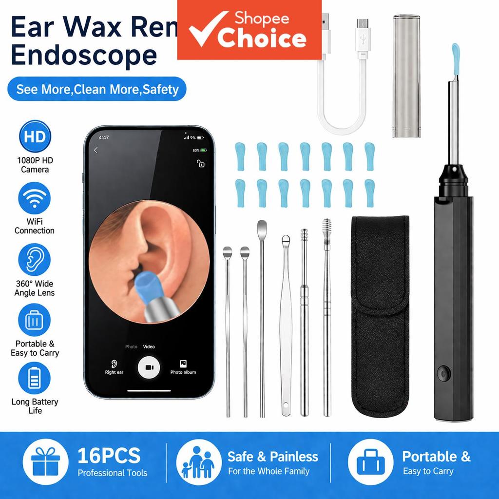 Limpador de Ouvido HD 1080P com Luz, Removedor de Cera Visual Sem Fio, Otoscópio com Pontas de Silicone e Kit de Cureta
