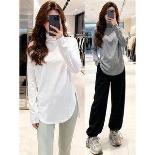 Camiseta feminina de algodão puro com gola alta, primavera outono inverno, camurça fina, comprimento médio, acima do qua