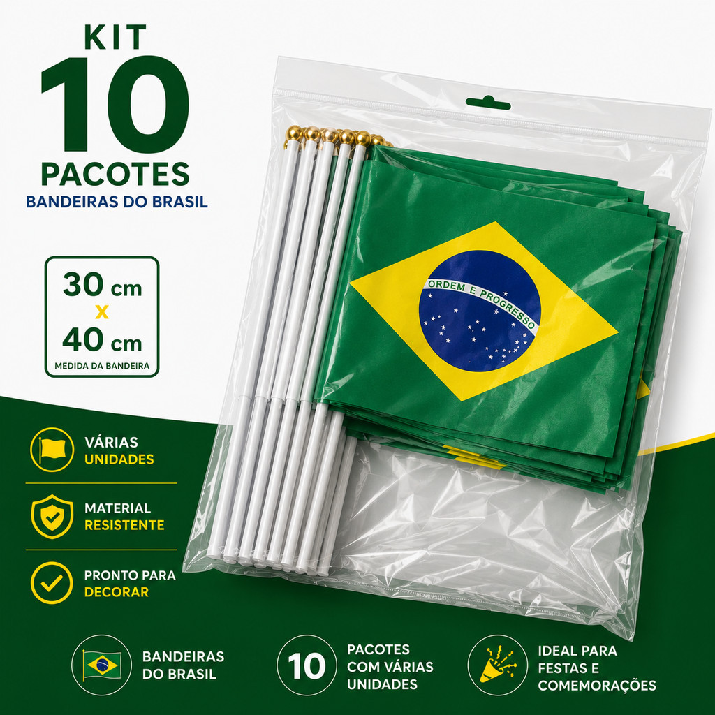 Kit 10 Bandeirinhas do Brasil com Haste para Copa do Mundo e Festas