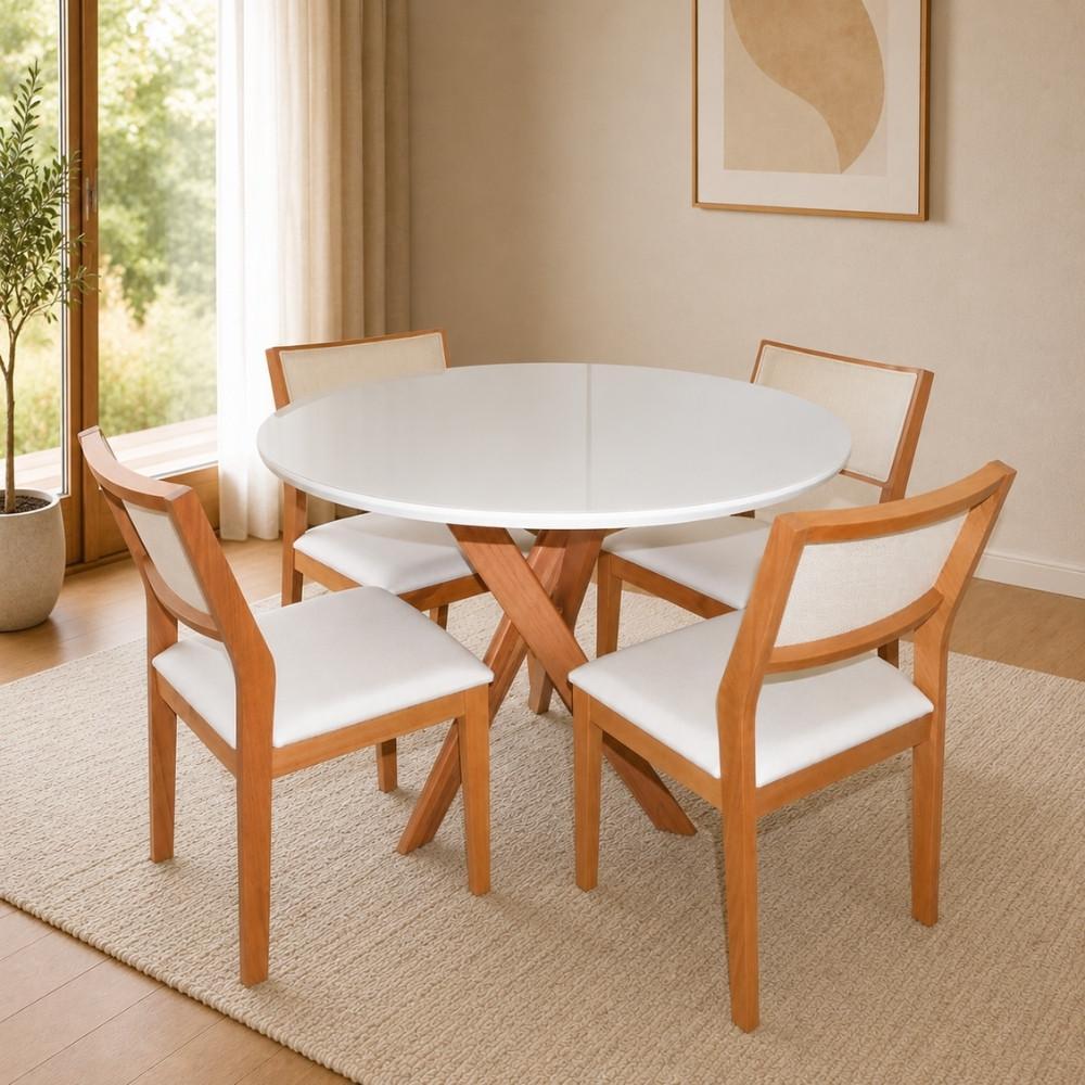 Conjunto Mesa de Jantar Olinda 109 Redonda Tampo Vidro 4 Cadeiras Viena Tela Sintética Madeira Maciça Cinamomo