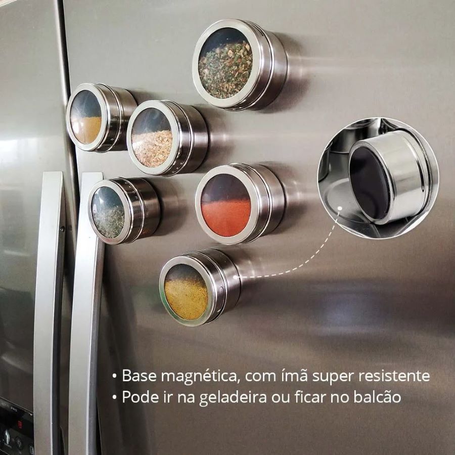 Porta Tempero E Condimento Magnético Em Inox Kit Com 1/2/4/6 Potes Com Imã Geladeira CA12335