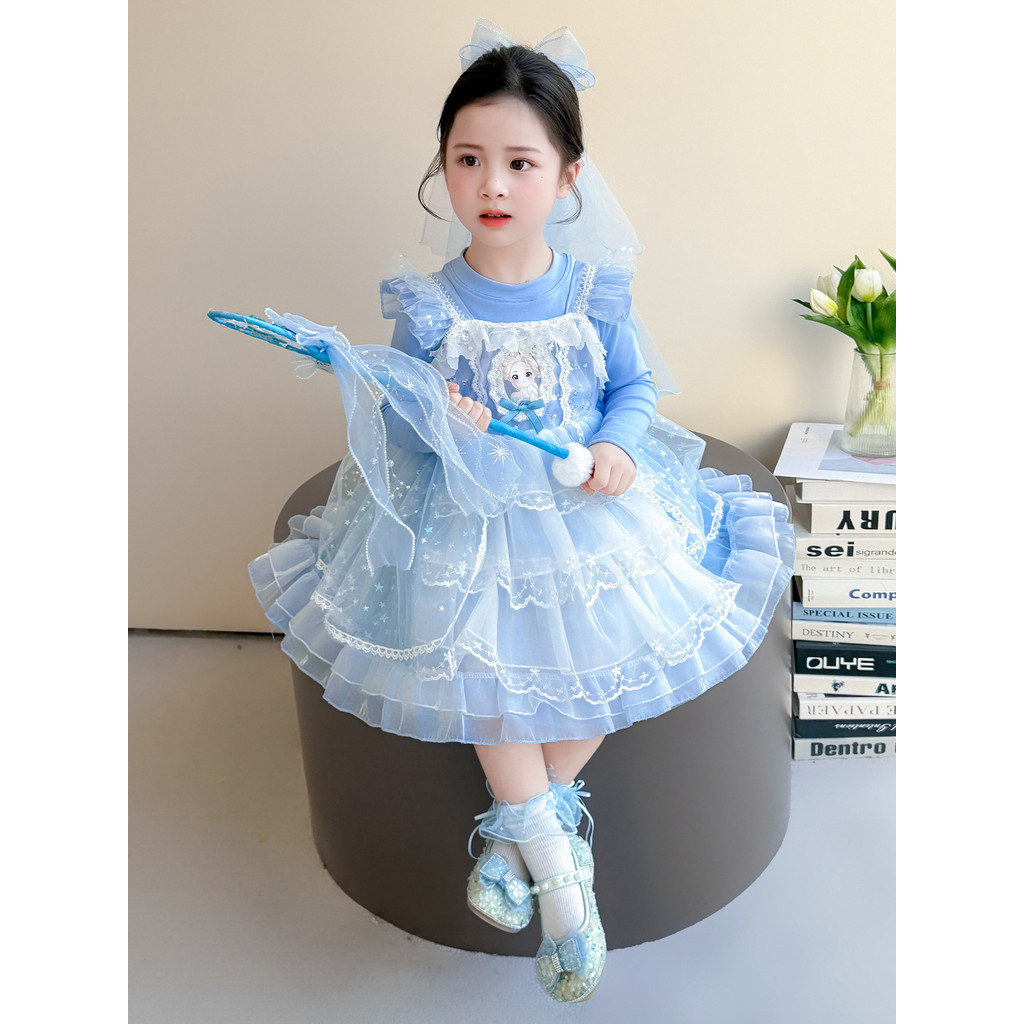 Meninas Frozen Elsa Princesa Vestido Novo Bolo Azul Vestido de Aniversário Lolita Sling Dress