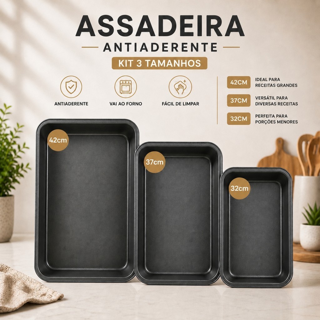 Kit 3 Forma Assadeira Antiaderente retangular funda para Forno 32 37 42 cm Ideal para Bolo Lasanha Carne Frango Cozinha