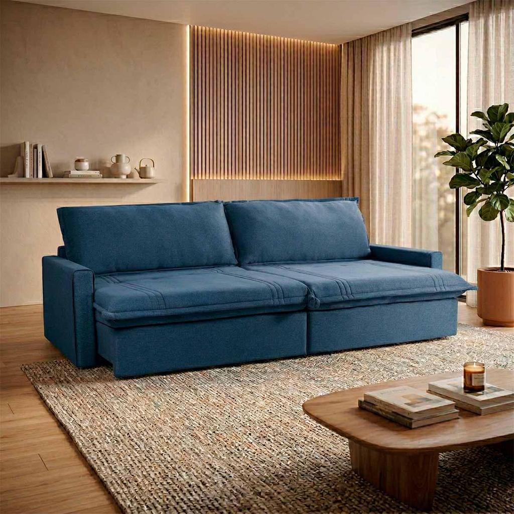 Sofá Cama Baú Ravello Sem Caixa 2,26m Linho Azul 3 Lugares