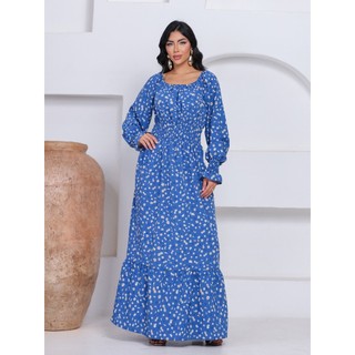Vestido Longo Floral Feminino Estilo Boho Manga Longa com Lastex na Cintura