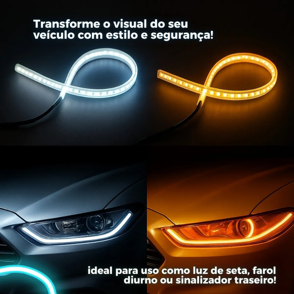Fita de Led Automotivo Farol DRL Dupla Cor Branco e Amarelo Seta Universal À Prova D'Água 60cm · foto 2