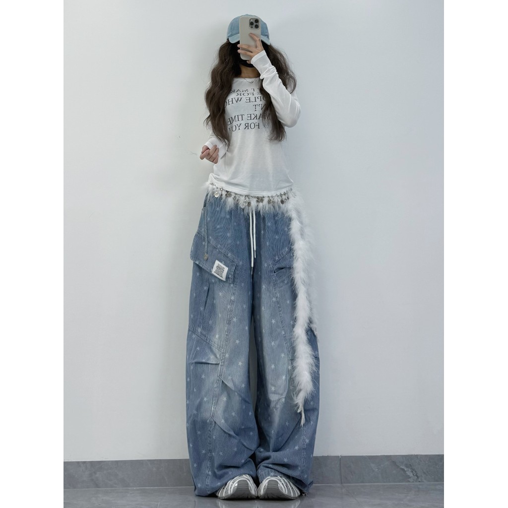 XXBUNI outono inverno quente menina estrela Denim Machete Casual Jazz dança calças femininas + branco carta dança topo