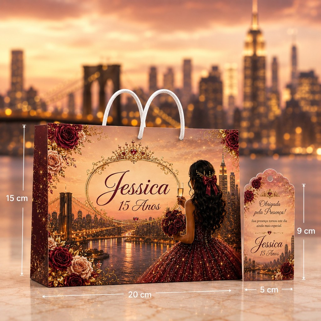 Kit Sacolinhas Personalizadas - Lembrancinha de Festa 15 Anos Cartão Postal Nova York 3 20x15cm + Tag 5x9cm (Mod.39)