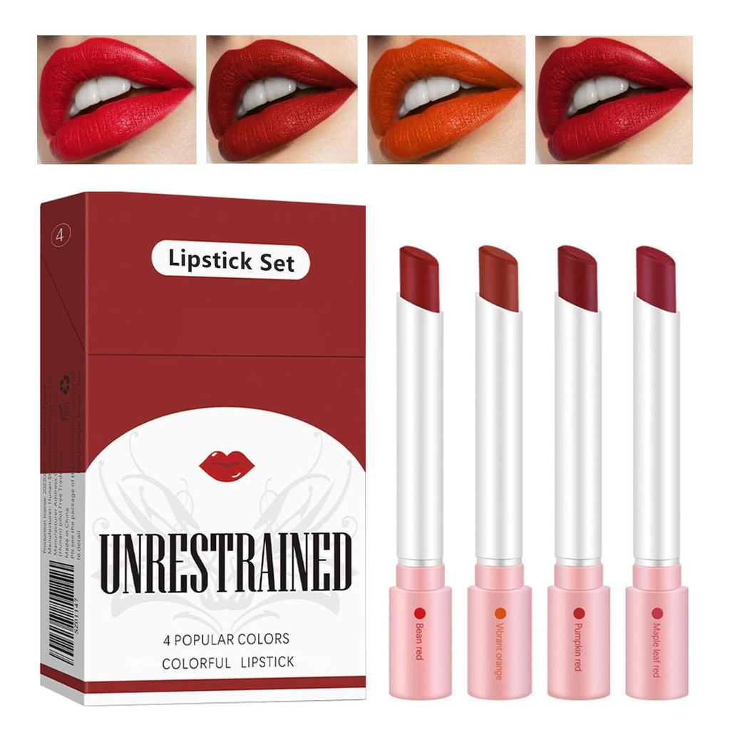 Batom Matte em 4 Cores, Lip Tint, Lip Stain, Batom Matte Aveludado, 24 Horas de Longa Duração e Resistente à Água, Batom — Oferta Verificada