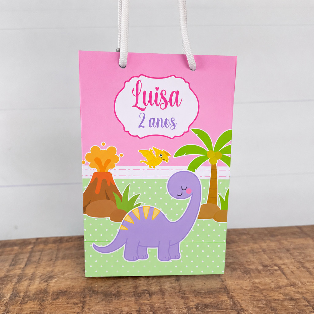 Sacolinha Personalizada Dinossauro Menina | Pegue e Monte | Lembrancinhas | Festa infantil | Aniversário