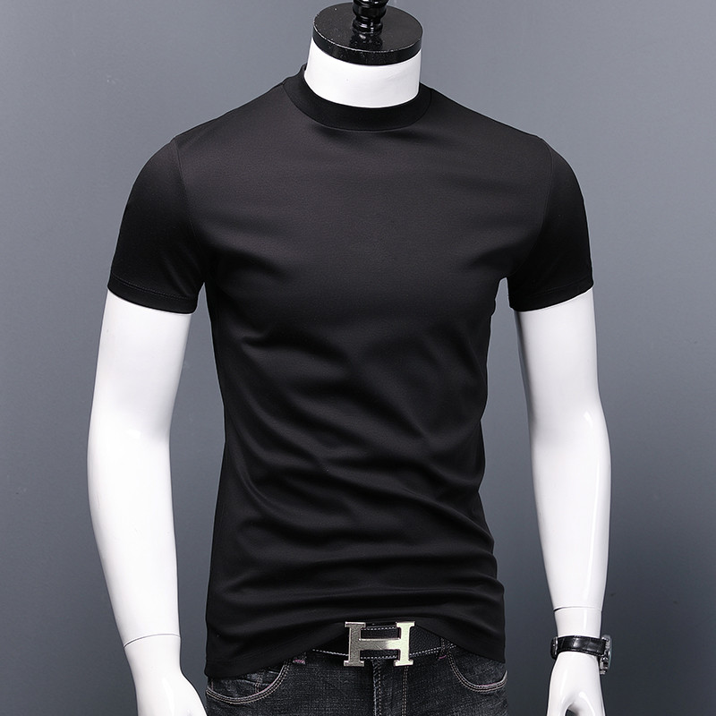 Camiseta de fundo masculina de manga curta, gola média, seda gelada, meia gola alta, gola redonda, Slim fit, Tencel, mei