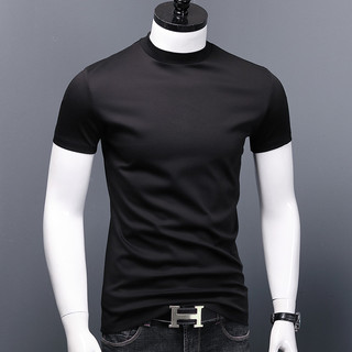 Camiseta de fundo masculina de manga curta, gola média, seda gelada, meia gola alta, gola redonda, Slim fit, Tencel, mei