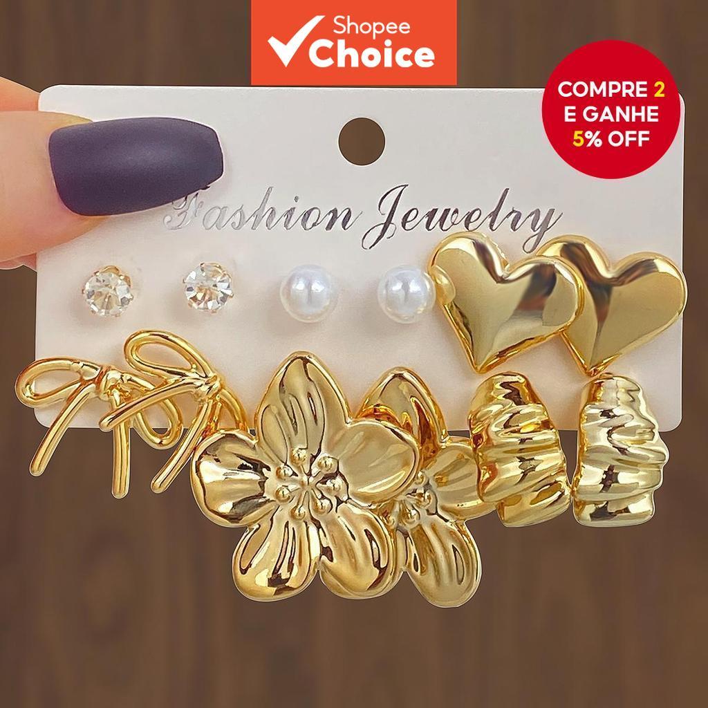 Conjunto de brincos de 6 peças: dourado, prata, flor de cinco pétalas em forma de coração, borboletas vazadas, brincos