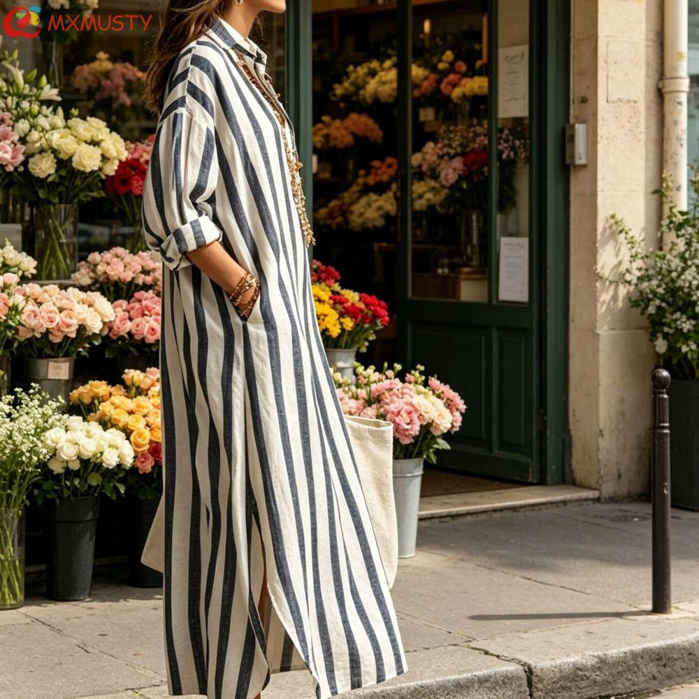 MXMUSTYZA Vestidos Listrados , Vestido Camisa De Retalhos De Manga Comprida , Ajuste Solto Boho Com Decote Em V Saia Lon