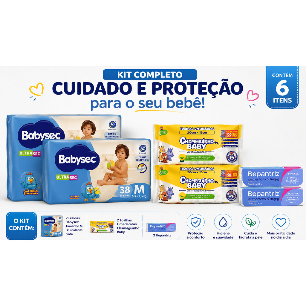 ✨ Kit Econômico Bebê Babysec M 38un C/6 Itens Original