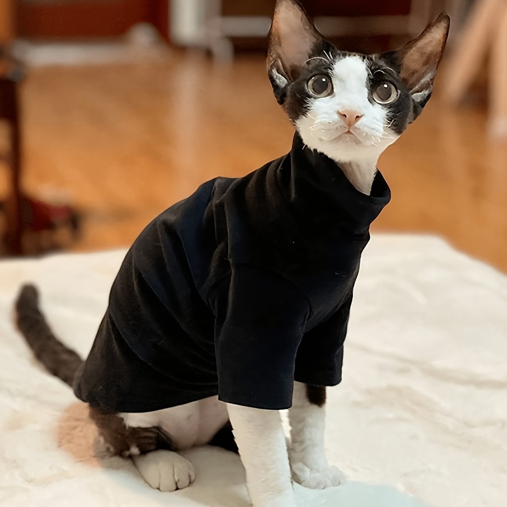 Camiseta Preta de Gola Alta para Gatos Sem Pelo (Sphynx, etc.) ), Roupas Exclusivas de Moda Quente, Material que Retém o