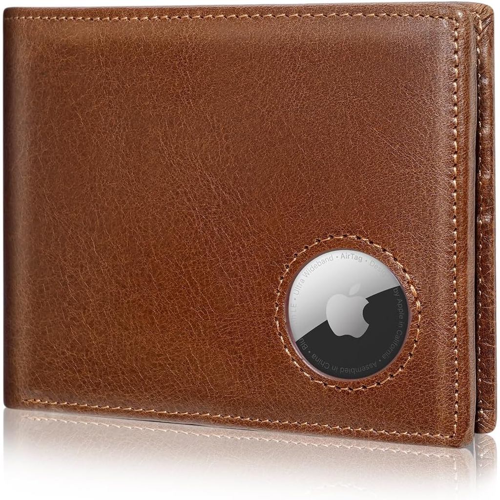 Carteira Masculina com Suporte para AirTag, Carteiras Bifold de Couro Genuíno pa