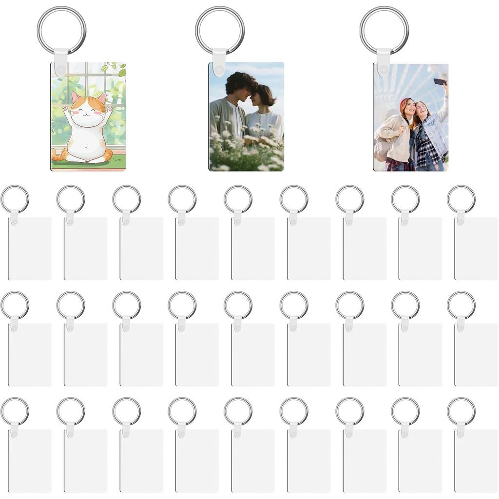 90Pcs Sublimation Keychain Blanks,Blank Keychains MDF Double Sides Rectangle Round Keychains Blanks with Rings Clips