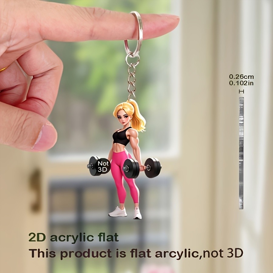 2D Plana Acrílico Muscular Fitness Menina Chaveiro Forte Levantamento Haltere Saco Charme Esportes Musculação Acessório