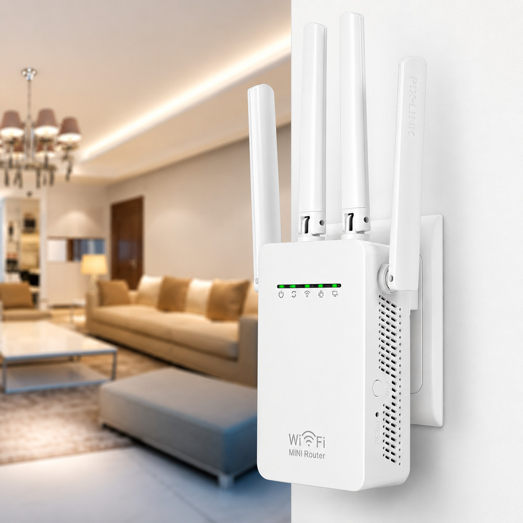 WiFi Repeater 300Mbps Amplificador de Internet com Porta RJ45 e 4 Antenas