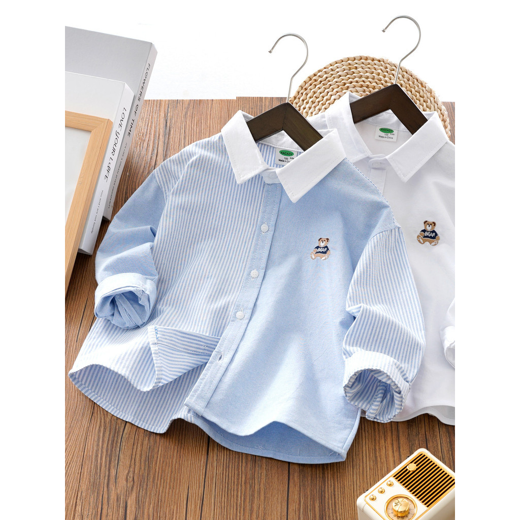 Meninos camisa de algodão puro 2026 primavera novo estilo crianças listrado camisa de manga comprida menino primavera be