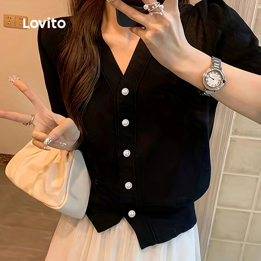 Lovito Camiseta Casual Botão de Lazer Primavera/verão Camiseta Preta para mulheres LK5ED956 · foto 2