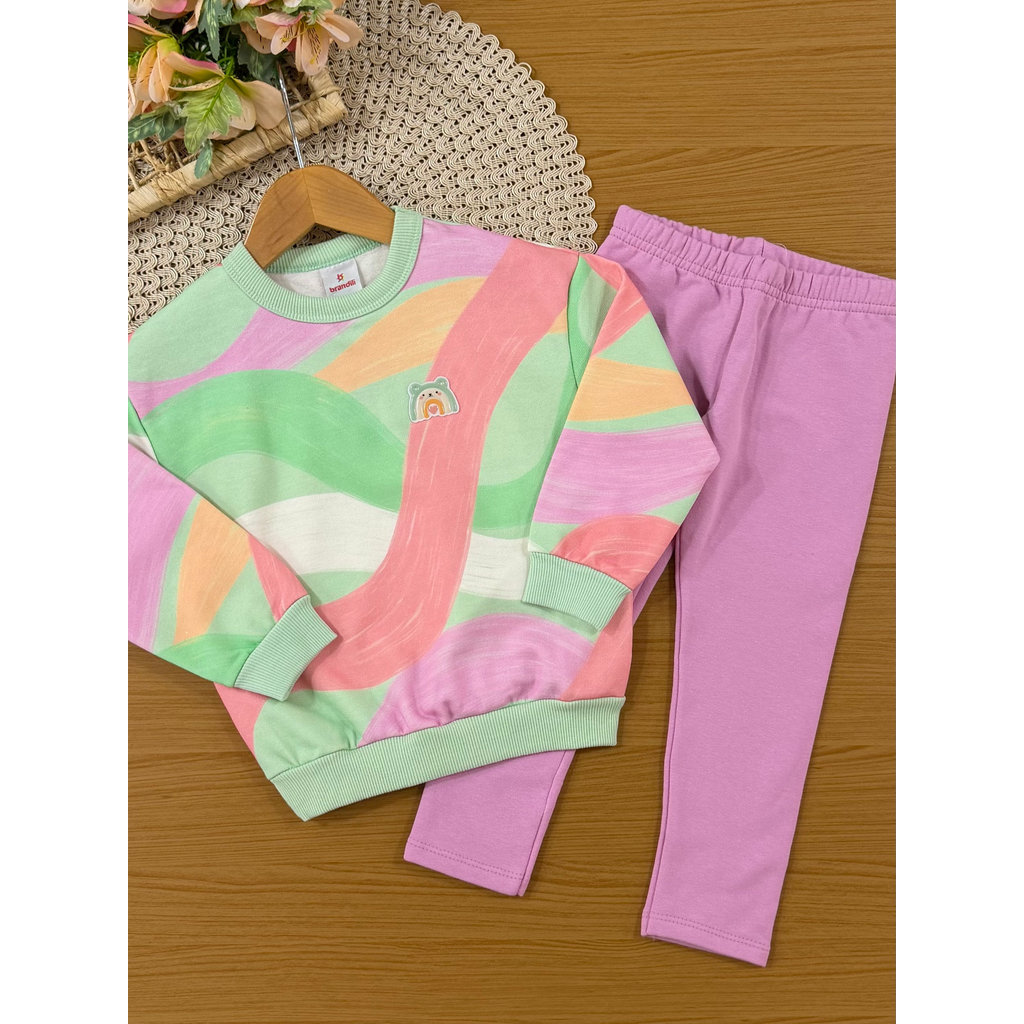 Conjunto Infantil Menina Brandili Inverno com Calça Legging Rosa e Moletom Flanelado Arco-íris
