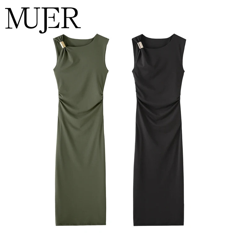 Vestido Longo Plissado Feminino, Vestido Midi Sem Mangas para Mulheres, Vestido Drapeado de, Vestido de Praia para