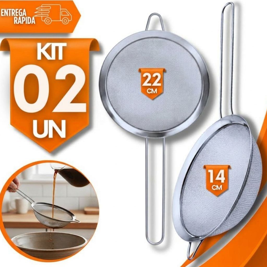 Conjunto de Peneira Inox Coador 22 E14Cm Polvilhar Escorrer Farinhas Sucos Utilidades Utensílios Cozinha