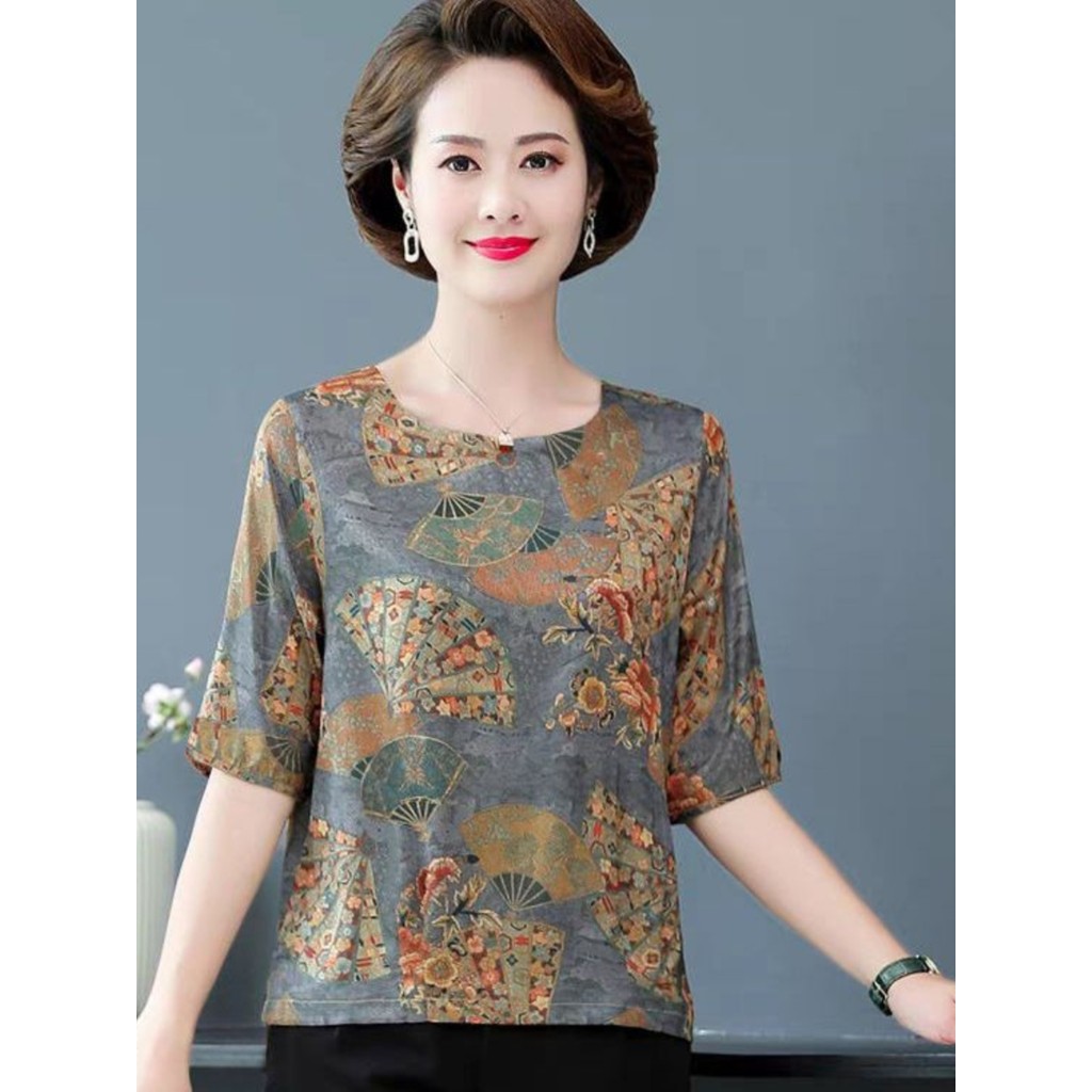 Novo estilo temperamento moda roupas femininas de meia-idade roupas da mãe verão gelo seda camiseta feminina solta mais